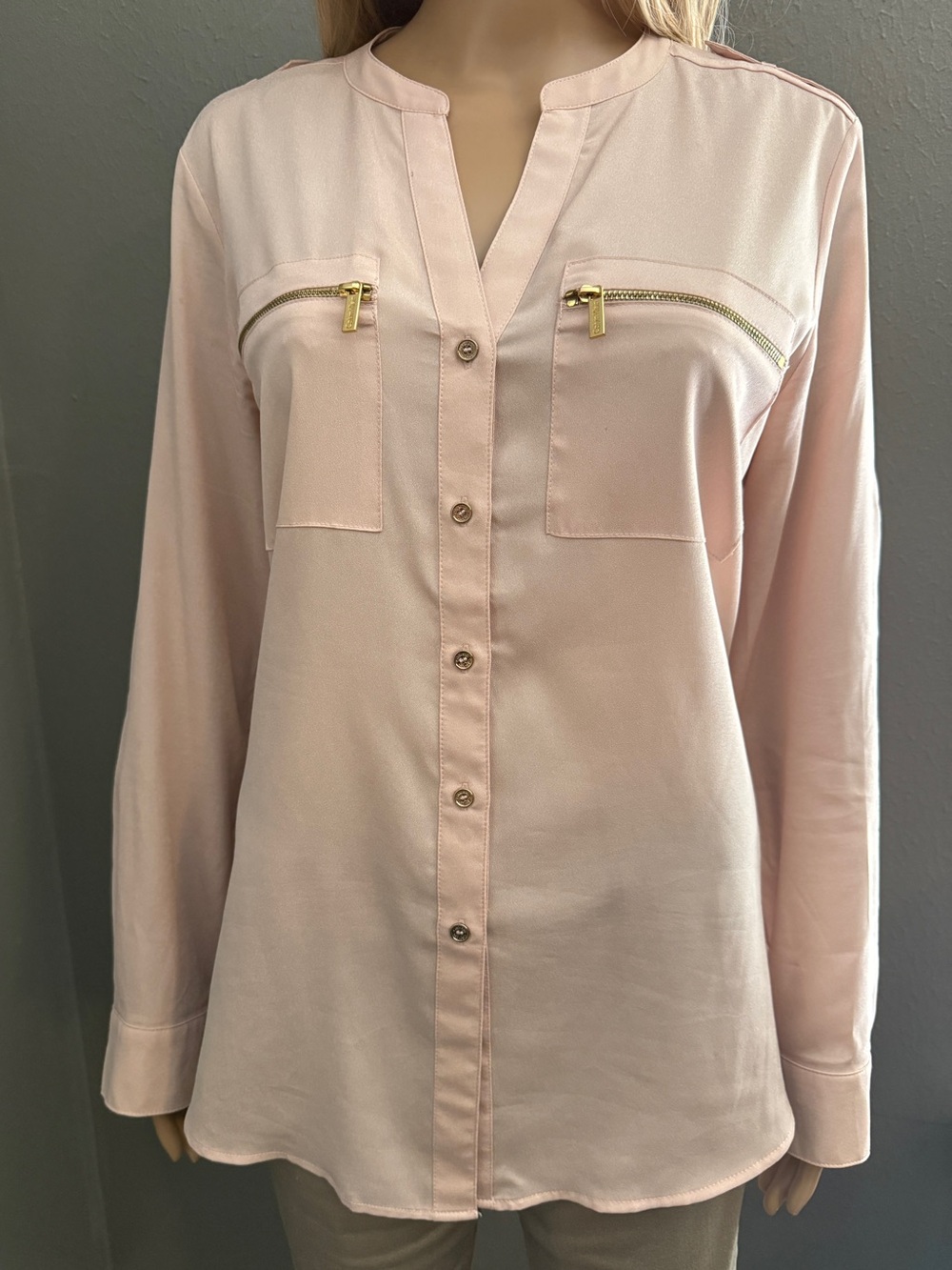 Calvin Klein Blush Pink Button-Front Blouse with Zip Chest Pockets